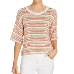 Rebecca Taylor La Vie Striped Metallic Short Sleeve Sweater in Orange Gold Sz S